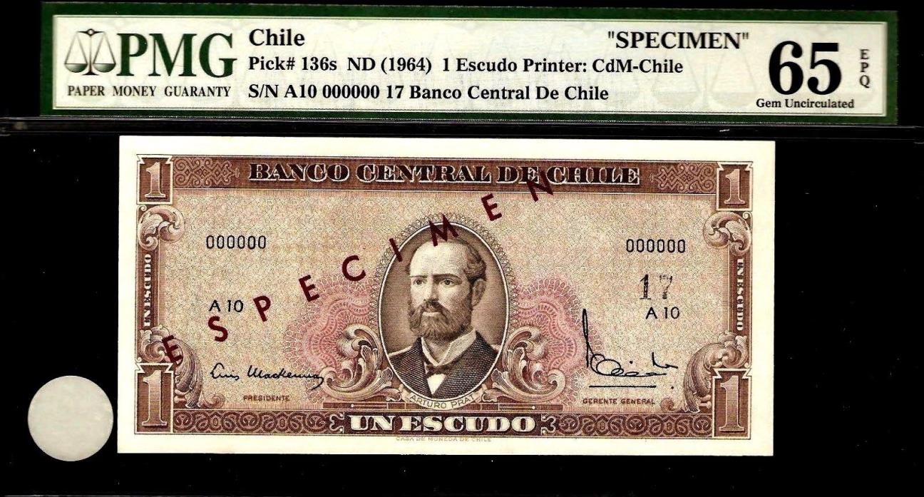 Chile 1 Escudo 1964 SPECIMEN PMG 65 EPQ UNC Pick # 136s S/N A10 0000000