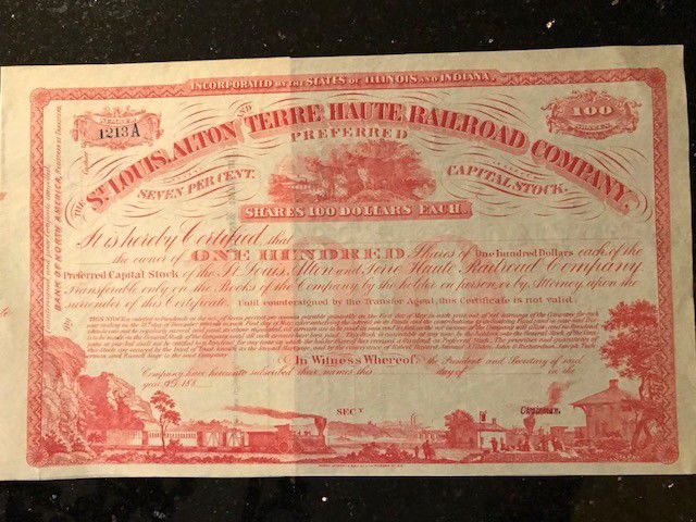 Vintage unused stock certificate St Louis, Alton & Terre Haute RR Co 1880's