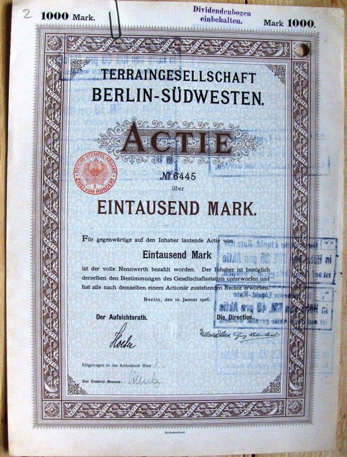 Terrain South Western Society Berlin German 1000 Mark bond, 1906