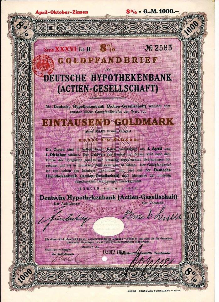 Germany.  2 different 8% German Gold Mortgage Bonds, 1928 Berlin