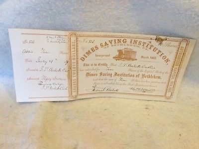 1867 Dimes Saving Institution Bank Stock Share Certificate Bethlehem PA