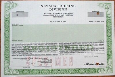 NV SPECIMEN 1983 Bond Certificate - 'Nevada Housing Division'