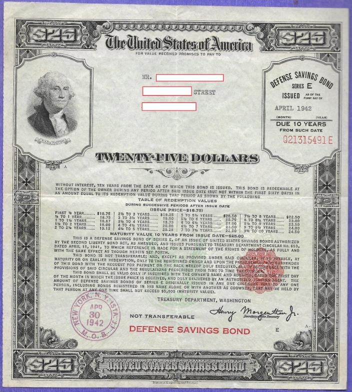 United States War Savings Bond Series E $25.00,  APR 30,1943, DEFENSE BOND