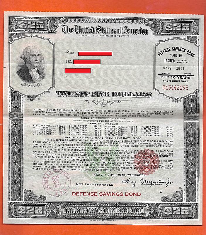 U S Savings Bond DEFENSE WWII Series E Schwan # 221a.TOP PERFS $25.00 Q4344243E