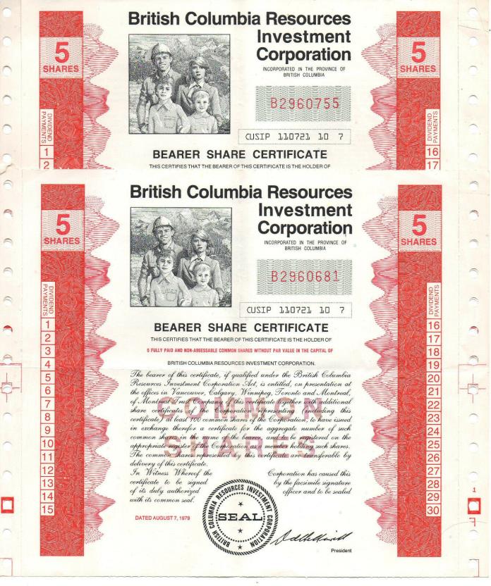 Share Certificates BCRC British Columbia 1979 (2) Certificates