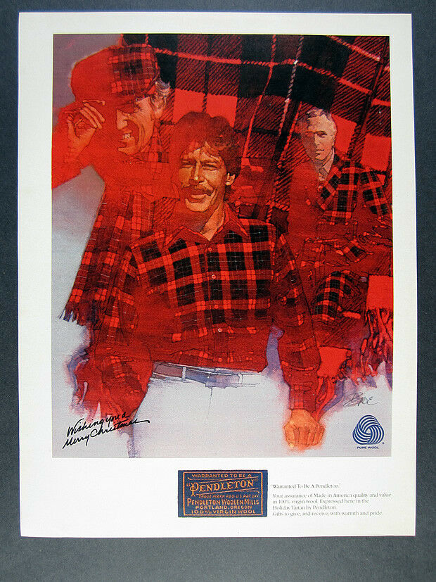 1983 Pendleton Holiday Tartan Shirt Robe Scarf Hat fashion art vintage print Ad