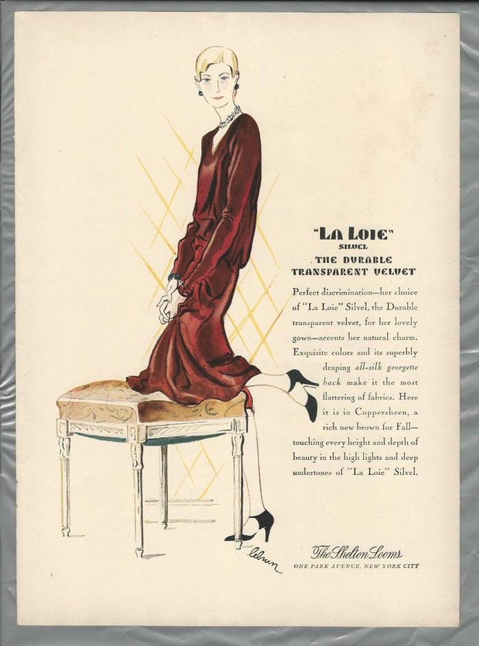 1929 SHELTON LOOMS advertisement, Color art, women’s dress material velvet