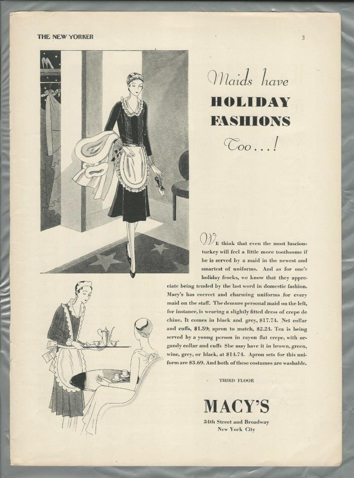 1929 MACY’S advertisement, Holiday fashions for your MAID, uniforms