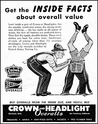 1947 Farmer headstand Crown & Headlight overalls vintage art print Ad adL60