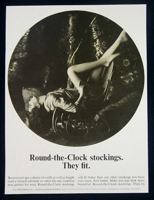 Vintage Round-the-Clock stockings print ad 1964 - woman in chair, legs up