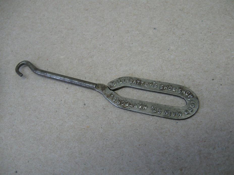 Antique Vtg Advertising Button Shoe Hook BILL BATTEY'S SHOE SHOP Hartford CT