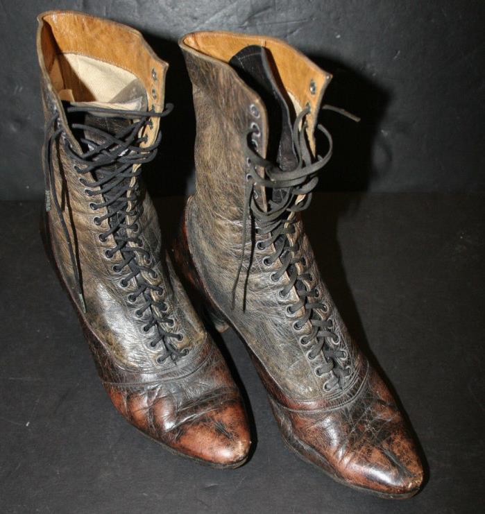Antique Victorian Utz & Dunn Leather High Heel Lace Up Boots Steampunk Gothic