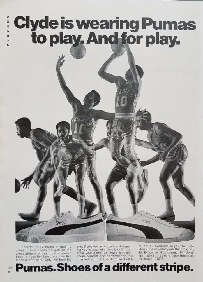 1970s Puma Sneakers Walt Frazier NY Knicks Basketball Photo Vintage Print Ad