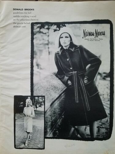 1972 Neiman Marcus Donald Brooks saddle stitching women's coat dress ad
