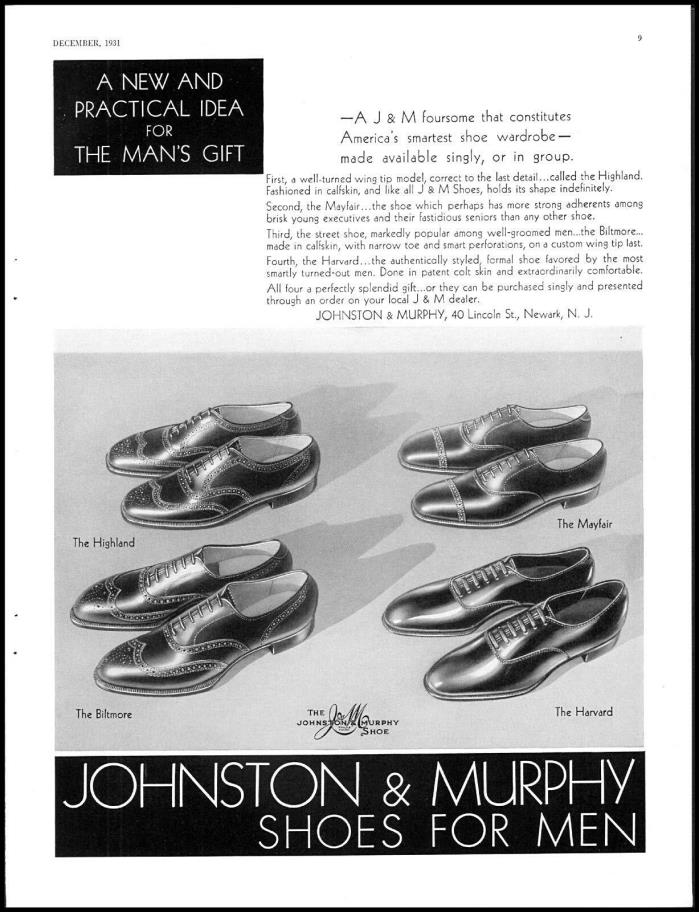 1931 Johnston & Murphy men's shoes Christmas gifts vintage photo Print Ad adL32