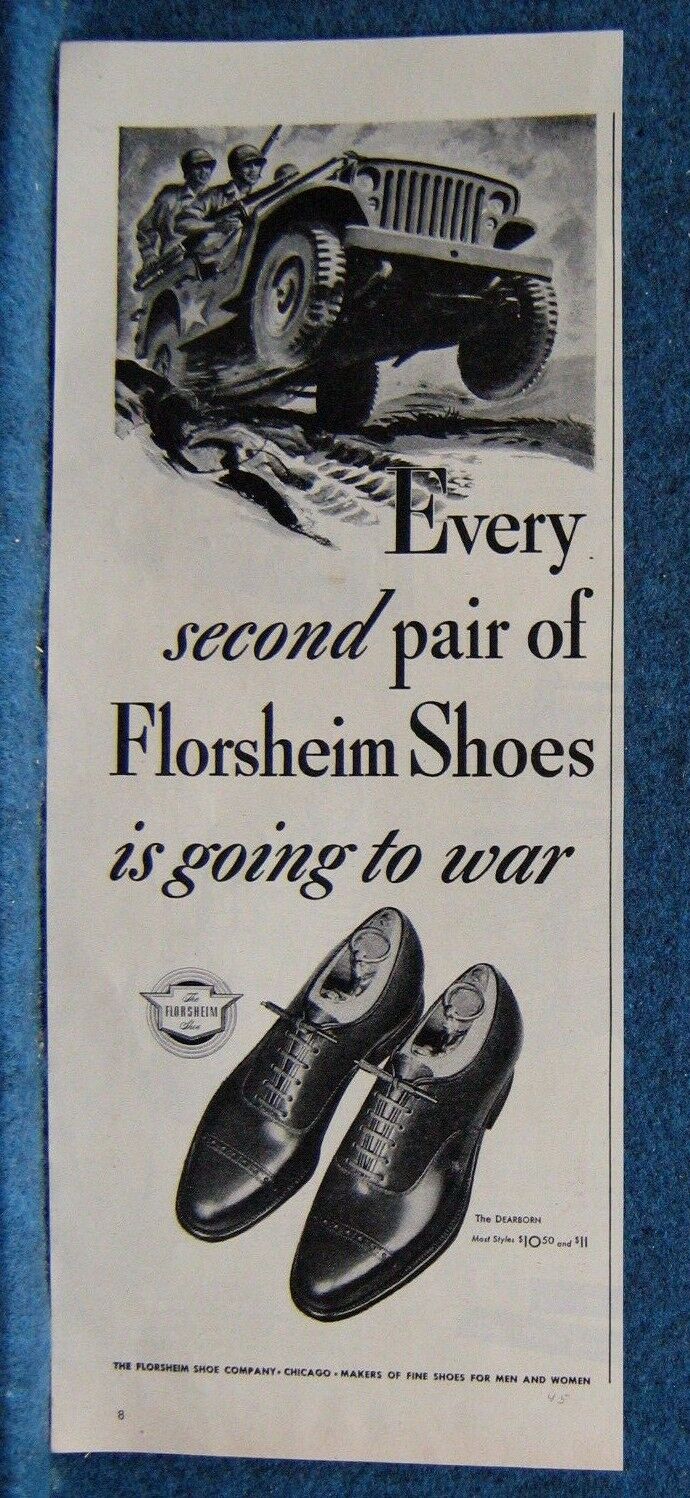 WW II Jeep Featured ~ Action-Packed 1945 Ad  -  Florsheim Shoes