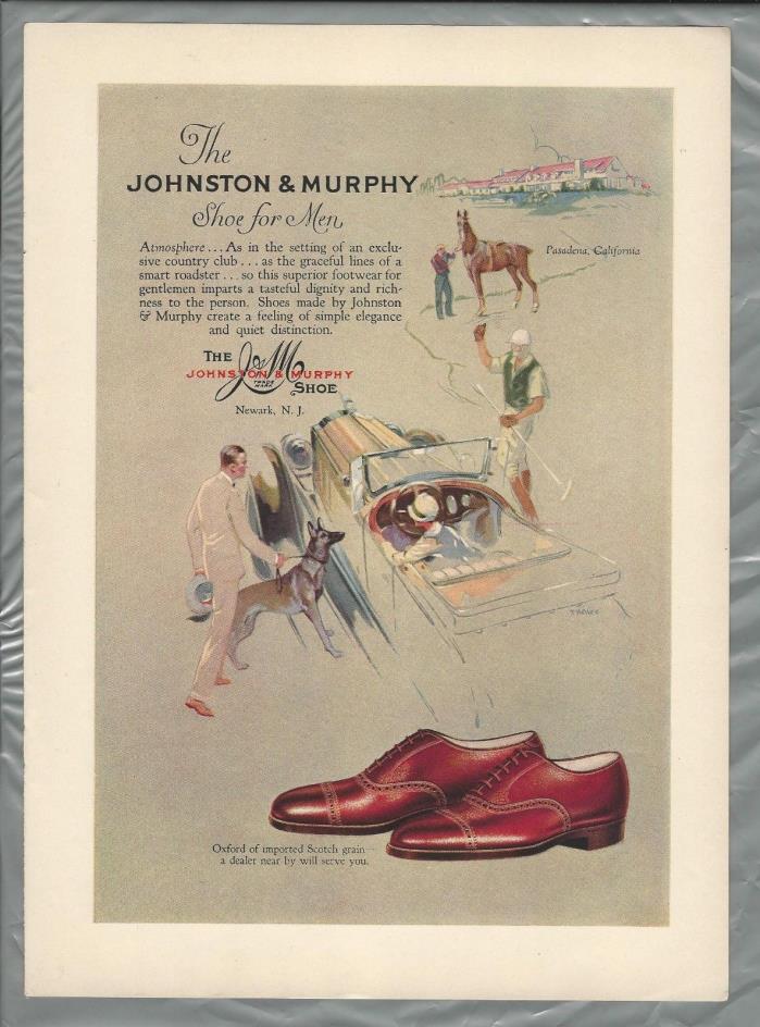1929 JOHNSTON & MURPHY SHOES advertisement, color art men’s shoes polo Pasadena