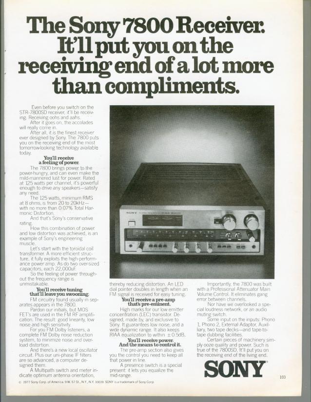 1977 Sony 7800 STR-7800SD Receiver Amplifier Tuner Audio Vintage Print Ad 70s