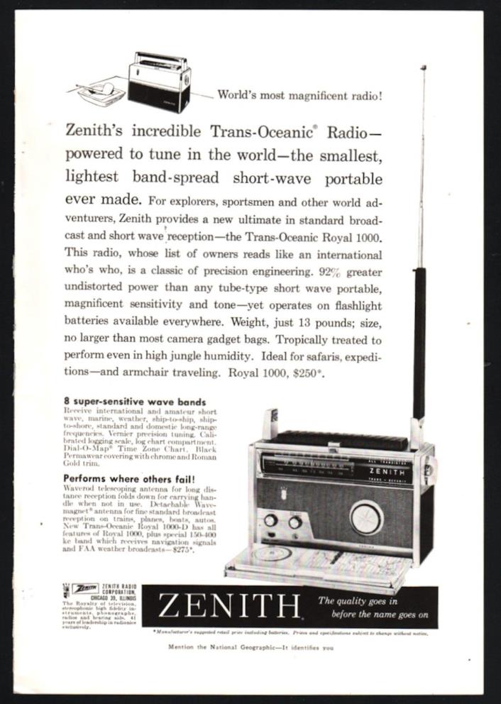 1959 ZENITH Trans-Oceanic 8-band Portable Radio PRINT AD