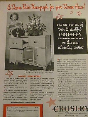 Bonita Granville, Crosley Radio Phonographs, Full Page Vintage Print Ad