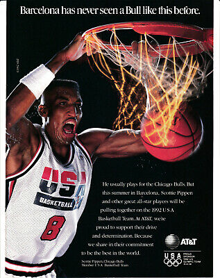 1992 Scottie Pippen AT+T -USA Basketball Original Magazine Ad-Chicago Bulls-Dunk