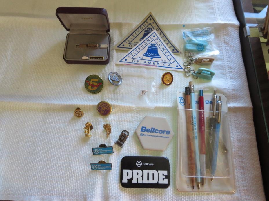 vintage Bell system telephone company advertising pins pens key chains 14K tie