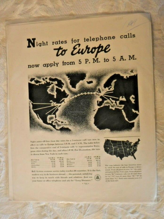 Bell System Night Rates for Telephone Calls to Europe 5 PM to 5 AM B&W Print AD