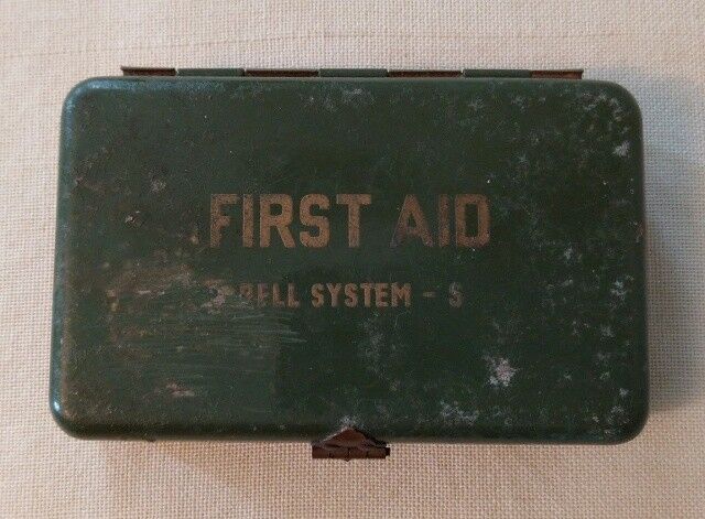 Vintage Bell Systems First Aid Kit Tin S - Linemans Green Metal First Aid Kit
