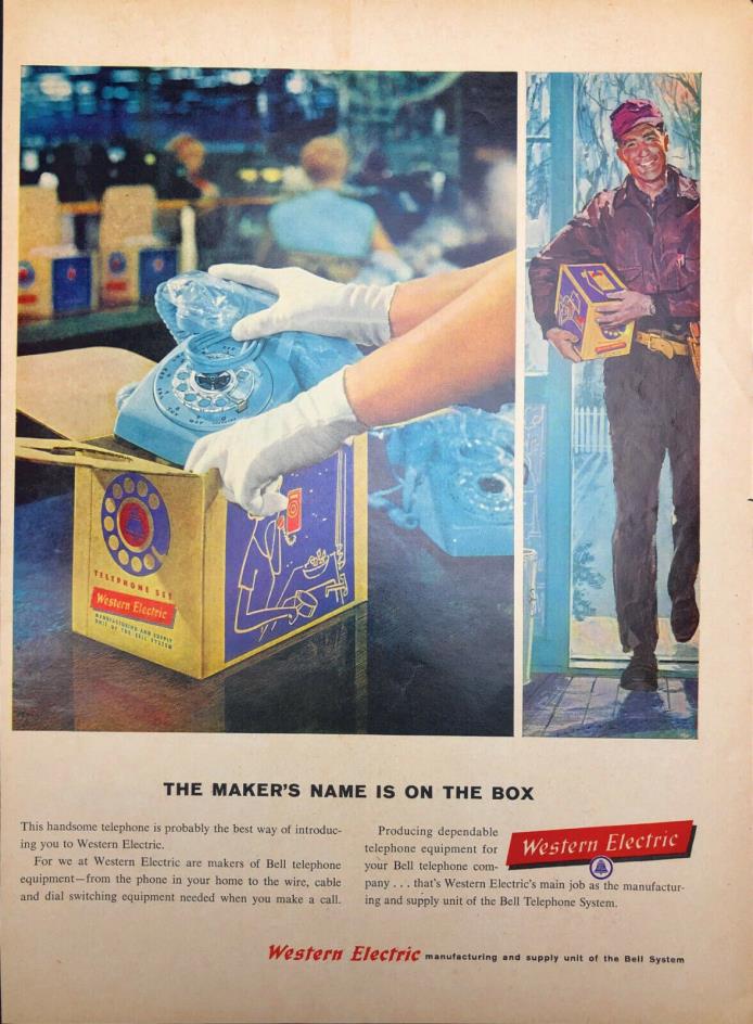 Vintage 1959  Western Electric Blue Rotary Phone and Delivery Man Print Ad Art