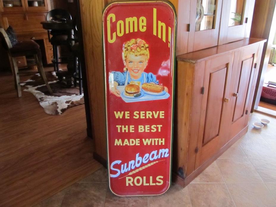 Sunbeam Rolls pink ribbon girl with tray embossed tin sign - date 1953 original
