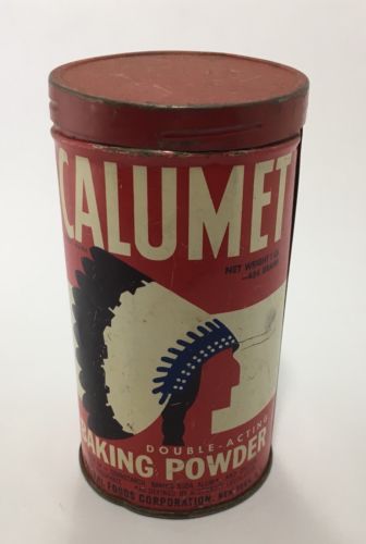 VINTAGE 6” CALUMET DOUBLE-ACTING BAKING POWDER TIN CAN W/ CHIEF INDIAN HEAD LOGO