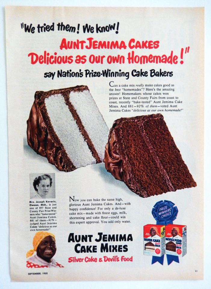 Vintage 1950 Aunt Jemima cake mix retro advertisement print ad art