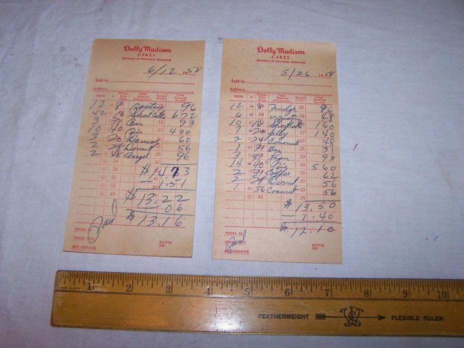 2 Vintage 1958 DOLLY MADISON Invoices CAKE