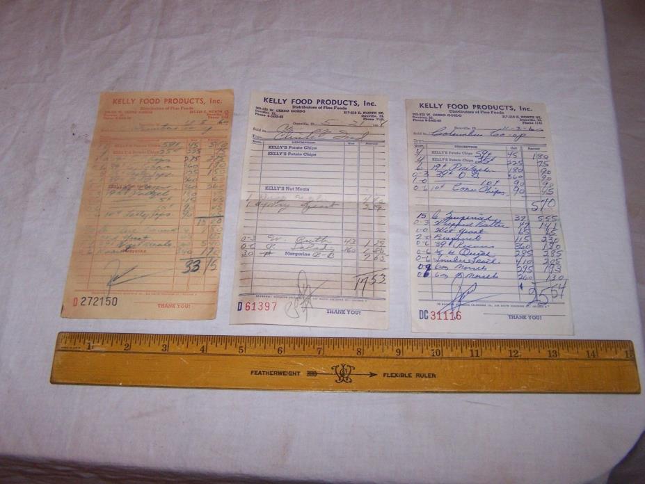 3- 1958 1960 KELLY FOOD PRODUCTS Invoices DANVILLE DECATUR ILLINOIS Potato Chips