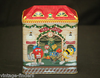 Vintage M&M's Train Depot Advertising Ad Metal Litho Tin Can Storage Container