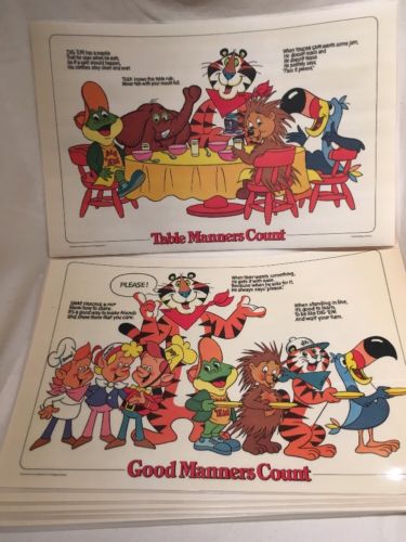 Lot Of 6 Kellogg's Cereal Placemats VTG Good Manners Count Tony Dig Em Tusk