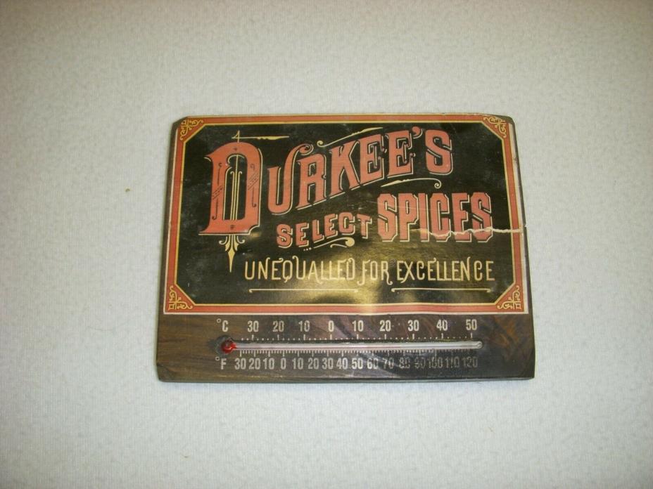 Vintage Durkee's Spice advertising wood sign with thermometer