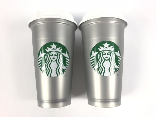 Starbucks Reusable Silver Shimmer Cup Set Of Two 16 Oz 2018 Limited Edition NEW