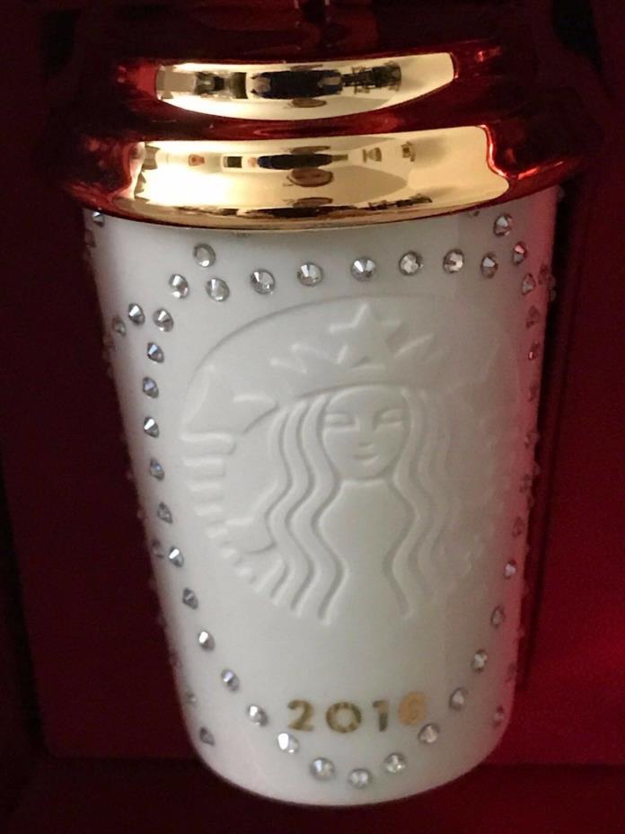 NEW Starbucks 2016 WHITE & GOLD Swarovski Xmas Christmas ornament NEW!