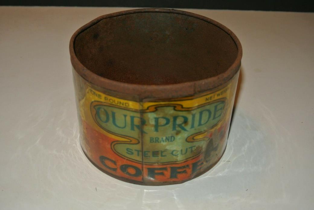 Vintage Antique Coffee Tin Can OUR PRIDE 1# lb pound paper label Sterling, Ks.