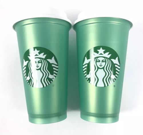 Starbucks Reusable Green Shimmer Cup Set Of Two 16 Oz 2018 Limited Edition NEW