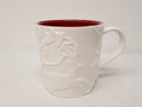 Starbucks 2009 Coffee Mug Bone China White Embossed Design Red Inside