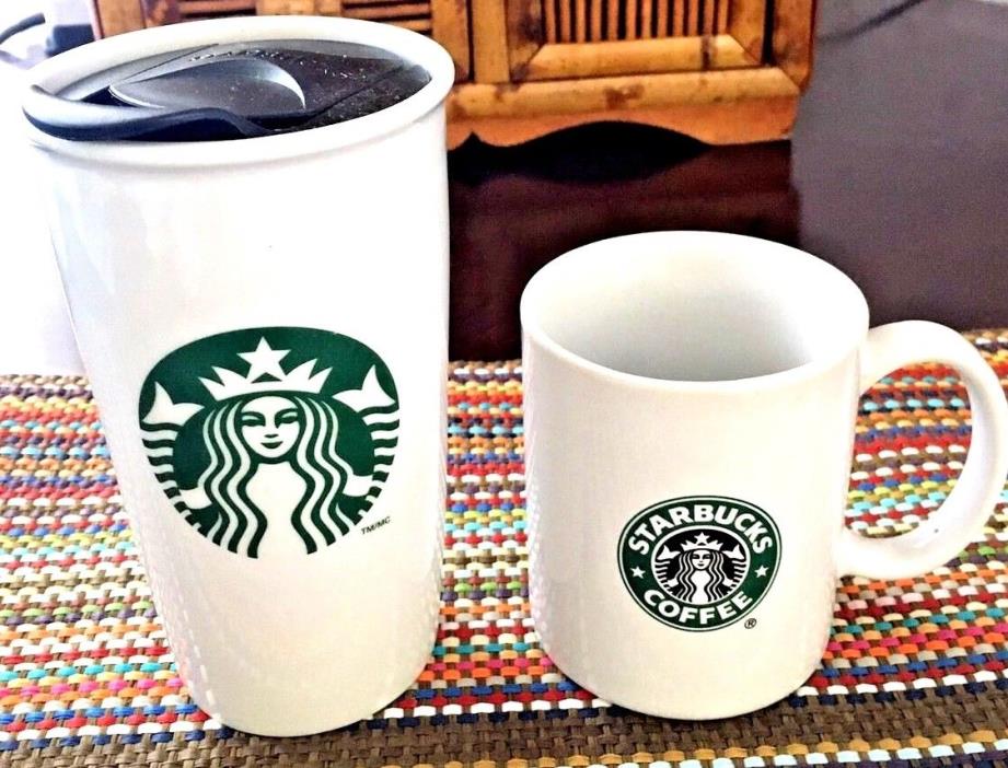 STARBUCKS pair White siren coffee mug and tumbler to go cup #17