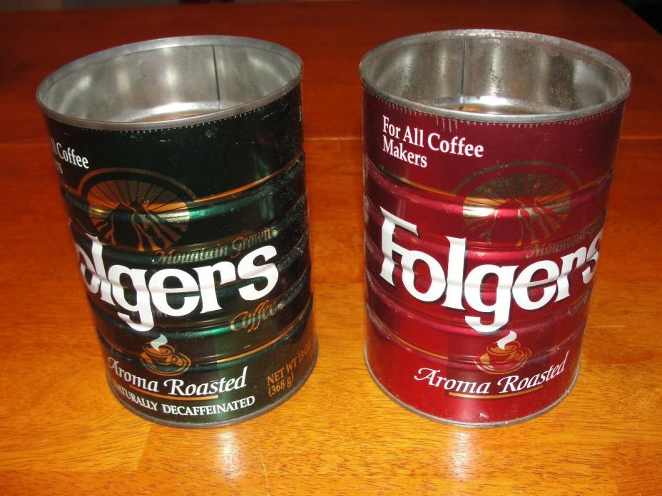 Vintage Lot of 2 Folgers Aroma Roasted Metal 13 oz Coffee Can - Reg & Decaf