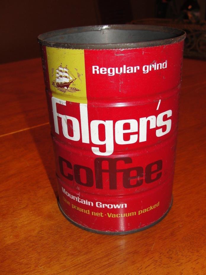 Vintage Folgers Mountain Grown One Pound Tin Metal Coffee Can W/O Lid