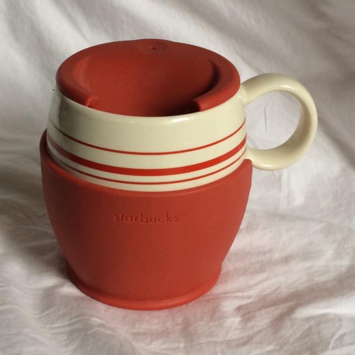 Starbucks 2004  White with Red Stripes Silicone Holder and Lid Mug Cup 15oz EUC
