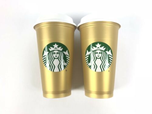 Starbucks Reusable Gold Shimmer Cup Set Of Two 16 Oz 2018 Limited Edition NEW
