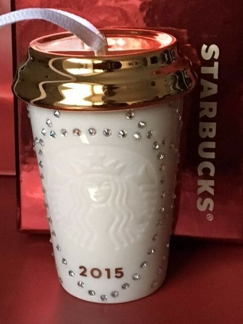 NEW Starbucks 2015 WHITE & GOLD Swarovski Xmas Christmas ornament NEW!