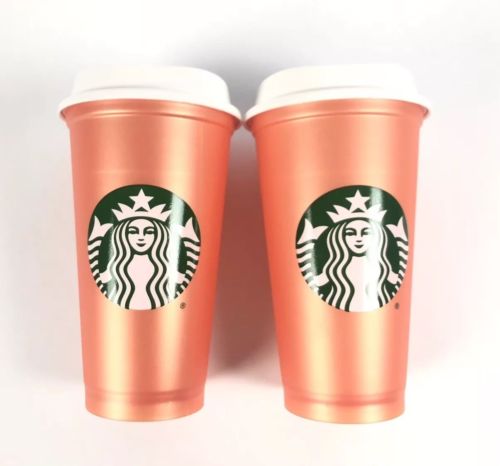Starbucks Reusable Orange Shimmer Cup Set Of Two 16 Oz 2018 Limited Edition NEW