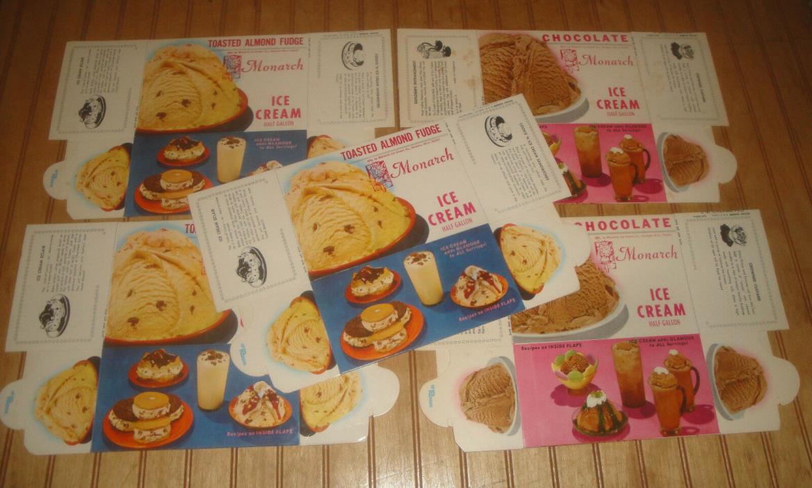 Lot 1972 MONARCH Toasted Almond Fudge, Chocolate Ice Cream 1/2Gal Box Containers